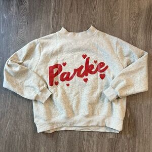 Gray Sweatshirt with Red 'Parke' Script and Hearts